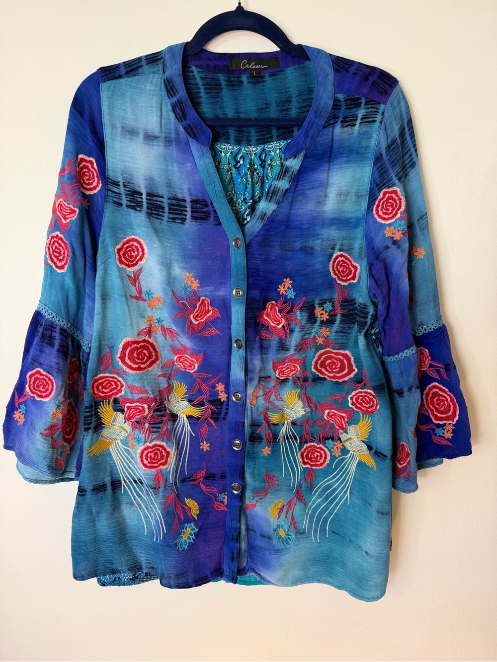 Caleaar Blue purple Floral tie dye boho Embroidered Button-Down bird size L boho